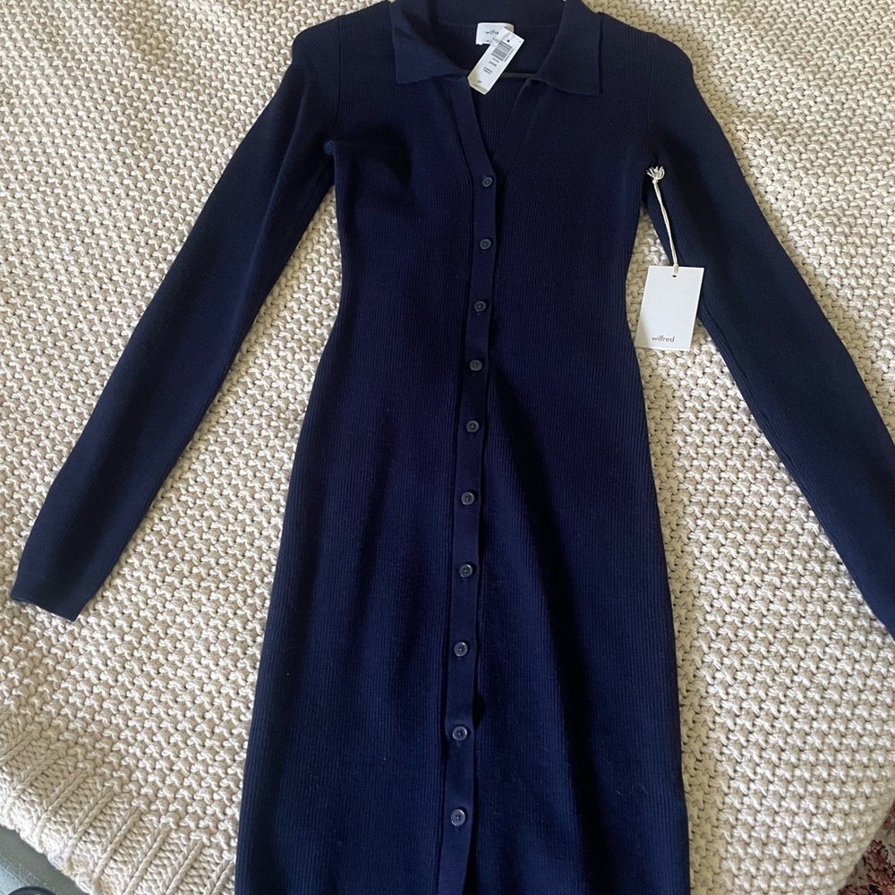 Wilfred Blue Midi Long Sleeve Button Up Sweater Dress - NWT
